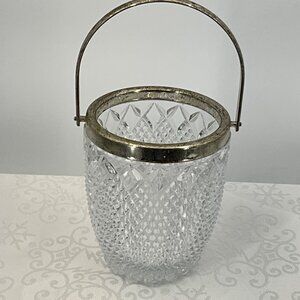 Vintage Cut Glass Ice Bucket With Metal Handle & Silver-Tone Rim‎